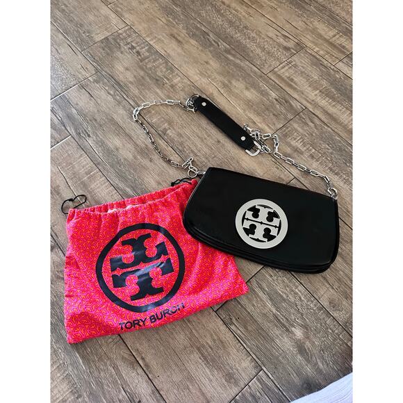 Tory Burch Women's Black Reva Flap Chain Leather Logo Crossbody Bag - Picture 2 of 13